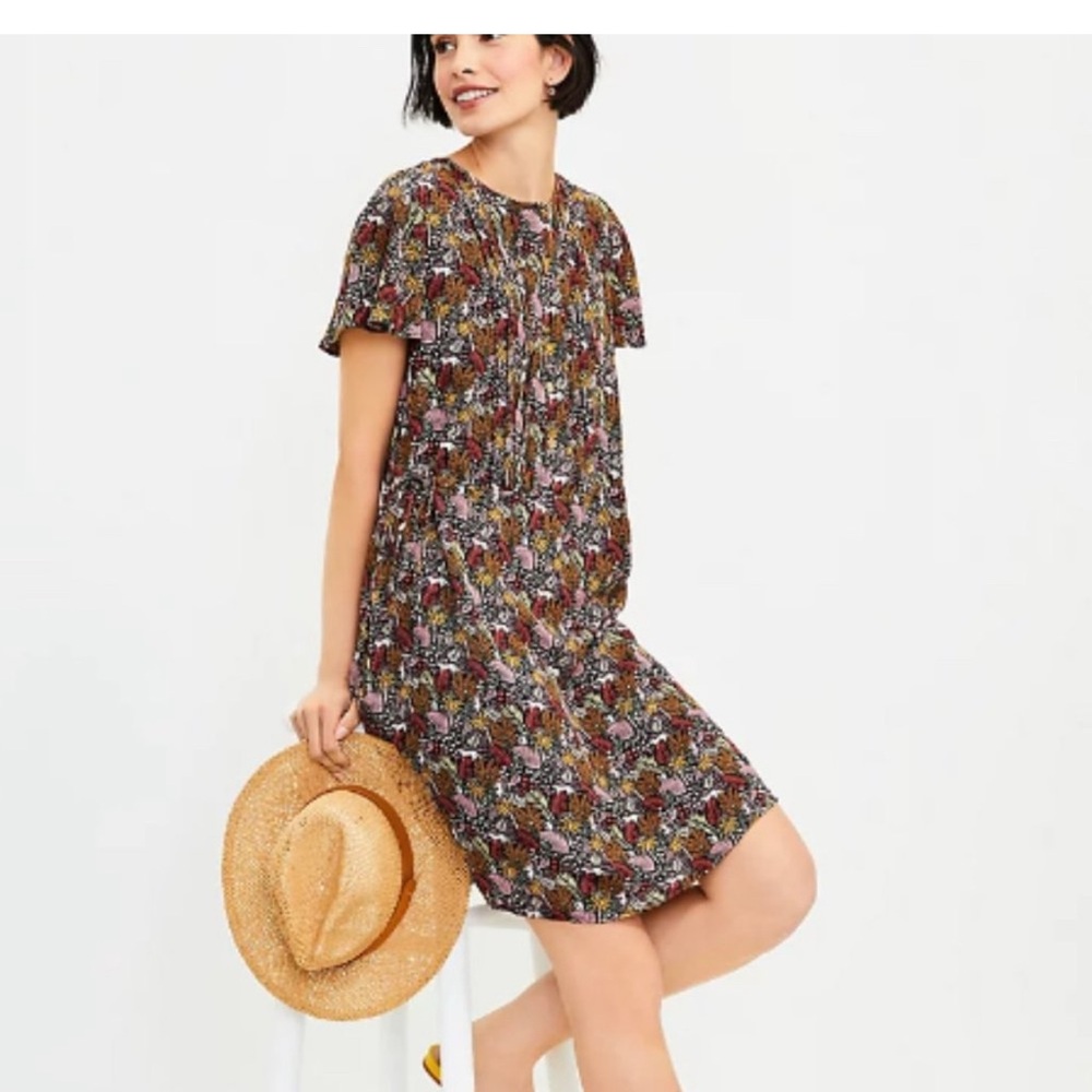 Ann Taylor LOFT Paradise Lost Jungle Safari Dress Pintuck Size Large Brown Pink